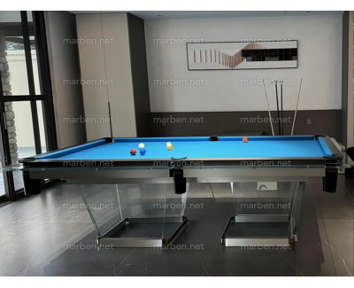 MESA DE BILLAR LUXURY GLASS2,  DE CRISTAL TEMPLADO ESTRUCTURA DE ACERO INOXIDABLE, 7FT ó 8FT